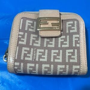 Fendi Beige Pink FF Logo Zip-Around Wallet with Gold Hardware